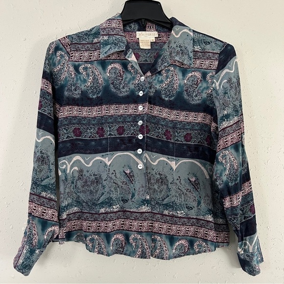 🦋 Victoria Soie 100% Silk Blue Purple Striped Blouse Medium Vintage Casual - Picture 1 of 7